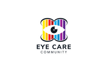 colorful eye care community logo design template. horizontal layout. isolated on white background.