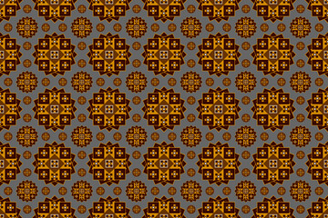 Brown floral pattern with seamless interlacing for fashion fabrics and printed products, ethnic tribal fabrics, gray background.