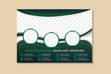 abstract flyer template design with dummy text. horizontal layout with dark green gradient background combined with white and light green on elements. circle and curve space for photo collage