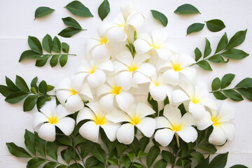 white flowers frangipani local flora of asia in spring season arrangement flat lay postcard style on background white wooden