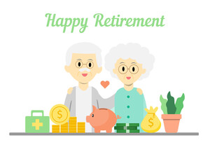 Happy retirement greeting card. Grandfather and grandmother feeling happy with their money after retired. Retirement planning concept