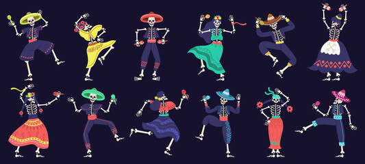 Naklejka premium Dia de los muertos skeletons. Day of dead dancing skeletons party, mexican festival skeleton mascots vector illustration set. Dancing halloween holiday skeletons