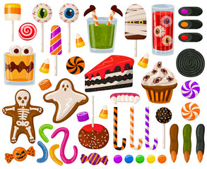 Cartoon halloween candies. Halloween spooky sweets, chocolate candy and scary lollipops vector illustration set. Trick or treat sweets and snacks