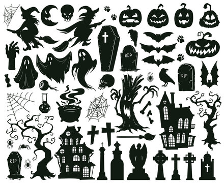 Halloween spooky elements. Cartoon halloween spooky evil silhouettes, witches, monsters and creepy ghost vector illustration set. Happy halloween scary silhouettes