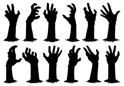 Halloween zombie hands. Spooky haunted arms appear of ground silhouette vector illustration set. Creepy zombie arms elements