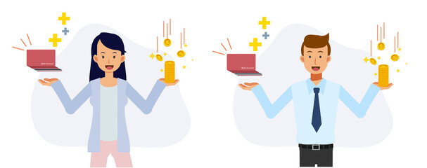 Set of Man and woman holds a bank passbook which increase profit in Left hand. In right hand is a stack of coins.savings money and profit concept. Flat vector cartoon character illustration.