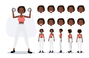 Character of an african american woman wear exercise in various views,Flat vector 2D Cartoon character illustration.