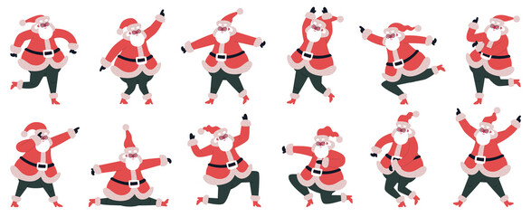 Dancing Santa Claus. Funny cartoon Santa Claus dancing and jumping characters vector illustration set. Cute dancing Santa mascot