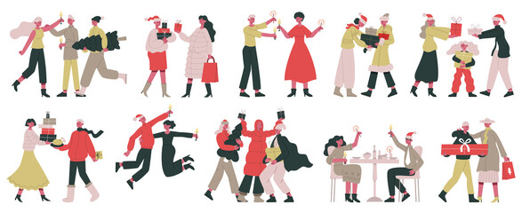 Christmas celebrating characters. Cartoon people celebrate Christmas, holiday shopping and family party vector illustration set. Xmas holiday preparation