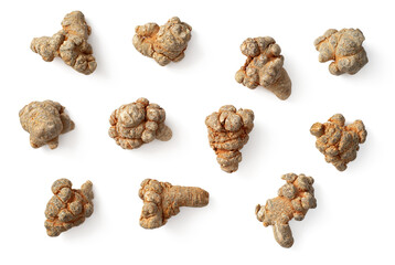 Dried Panax notoginseng root isolated on white background, top view