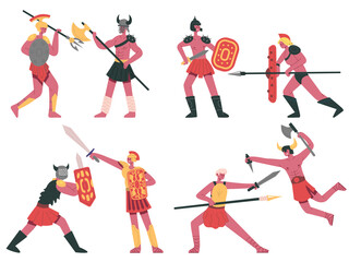 Fighting roman gladiators. Warlike armed greek warriors, roman battle gladiators cartoon vector illustration set. Ancient roman fighters