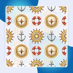 Marine symbols seamless pattern with steering wheel anchor lifebuoy and compass vector illustration