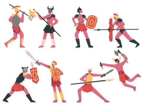 Fighting roman gladiators. Warlike armed greek warriors, roman battle gladiators cartoon vector illustration set. Ancient roman fighters