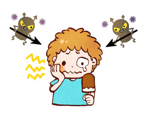 虫歯が痛む男の子と虫歯菌のイラスト