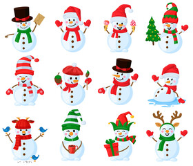 Cute Christmas snowmen. Cartoon winter holidays outdoor snowman characters, vector illustration set. Christmas funny snowmen mascots