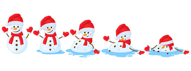 Fototapeta premium Cartoon melted snowman. Snowmen melting stages, winter funny melts snowman cartoon vector illustration set. Christmas melting snowman