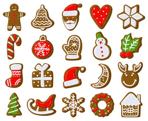 Christmas gingerbread cookies. Holiday treat biscuits, gingerbread man, xmas fir tree and present box vector illustration set. Holiday gingerbread biscuits