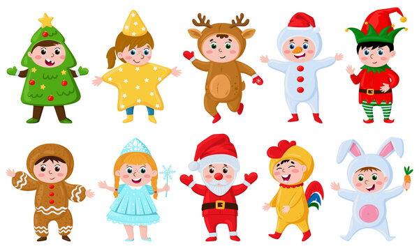 Kids in Christmas costumes. Cartoon children wearing funny carnival costumes, little santa, reindeer and elf vector illustration set. Xmas costume party