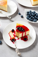 Dessert - piece of New York Cheesecake with blueberry sauce and fresh berry.