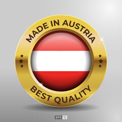 Made in Austria Label, Logo, Stamp Best Quality Round Flag of Nation with 3D Elegant Gold Glossy Effect