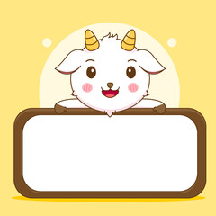 Cartoon illustration of cute goat holding empty board
