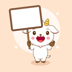 Cartoon illustration of cute goat holding empty board