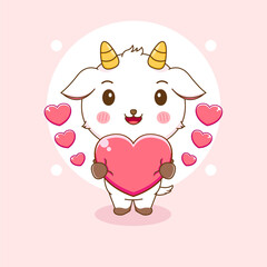 Cartoon illustration of cute goat holding heart love