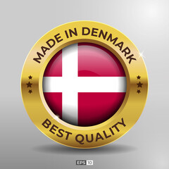 Made in Denmark Label, Logo, Stamp Best Quality Round Flag of Nation with 3D Elegant Gold Glossy Effect