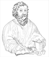 Hippocrates (460-370 BC) portrait in line art illustration.