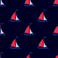 Seamless background. Sailboat on a dark, blue background. Marine pattern for fabric, clothing, textile, wrapping paper. Vector, illustration