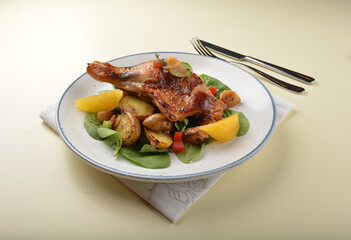 Texas grilled bbq chicken leg confit with vegetables and chef brown sauce western main course halal menu