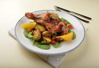 Texas grilled bbq chicken leg confit with vegetables and chef brown sauce western main course halal menu