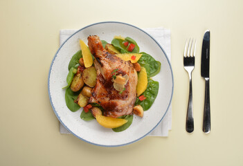 Texas grilled bbq chicken leg confit with vegetables and chef brown sauce western main course halal menu