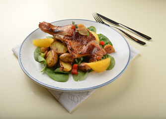 Texas grilled bbq chicken leg confit with vegetables and chef brown sauce western main course halal menu