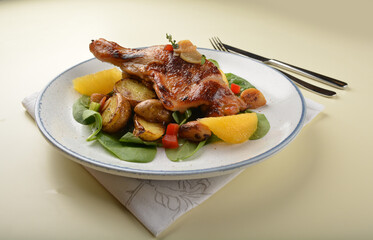 Texas grilled bbq chicken leg confit with vegetables and chef brown sauce western main course halal menu