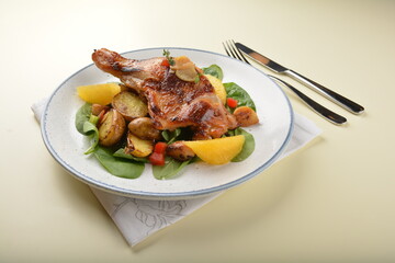 Texas grilled bbq chicken leg confit with vegetables and chef brown sauce western main course halal menu