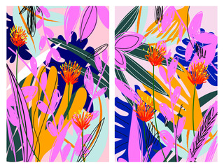 set of creative organic colorful floral nature abstract hand drawn background vector illustration.