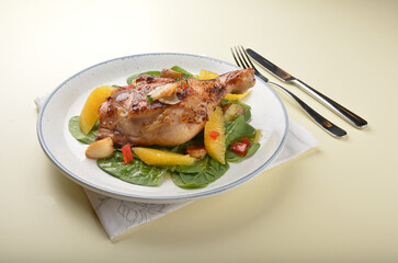 Texas grilled bbq chicken leg confit with vegetables and chef brown sauce western main course halal menu