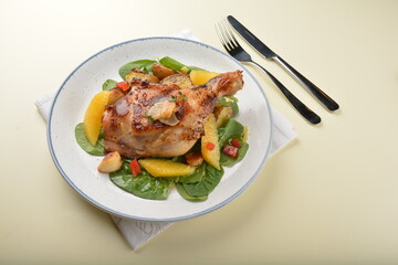 Texas grilled bbq chicken leg confit with vegetables and chef brown sauce western main course halal menu