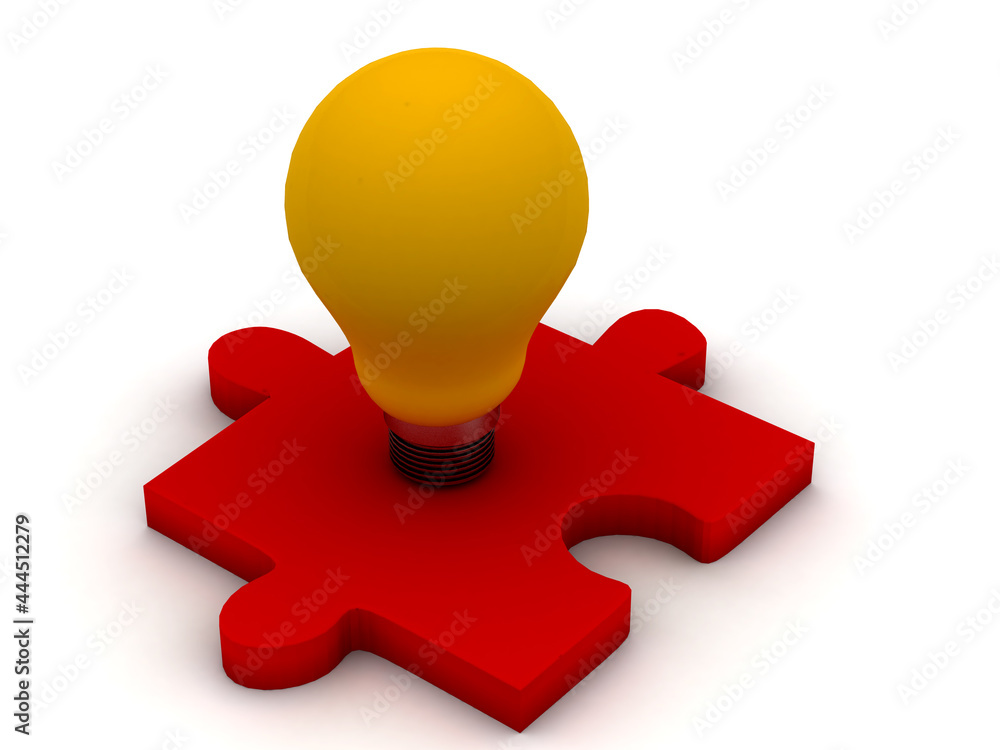 Poster 3d rendering led yellow light bulb on puzzle