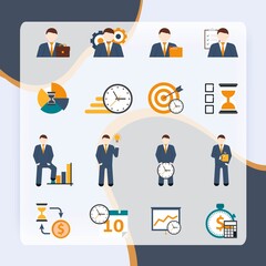 Effective office hours  time management and realistic goal planning strategy flat icons collection abstract isolated vector illustration