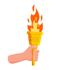Hand holding torch. Symbol of Olympic Flame and sports. Education and lighting. Flat cartoon illustration