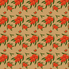 Seamless sea buckthorn. Template. A sprig of sea buckthorn. For wrapping paper and fabric prints. Vector. For covers, packaging designs, labels, menus, wall art and print.