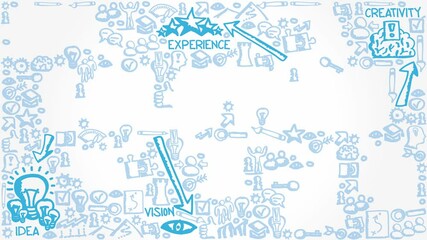 Hand drawn icon group being gradually appeared with Solution, Idea, Competence, Vision, Experience and Teamwork concept. High quality 4k video.