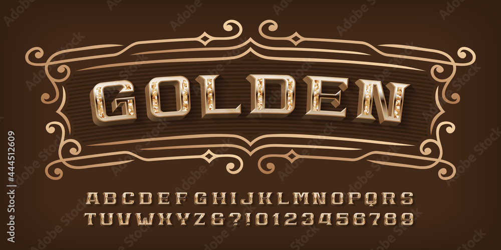 Fototapete Golden alphabet font. 3D ornate letters, numbers and symbols. Stock vector typescript for your typography design.
