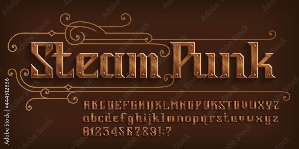 Fototapete steam punk alphabet font. rivet letters and numbers and symbols. uppercase and lowercase. stock vect