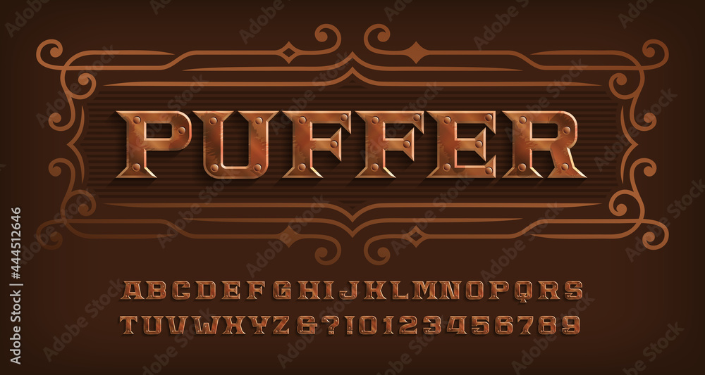 Fototapete puffer alphabet font. steam punk rivet letters and numbers. stock vector typescript for your design.