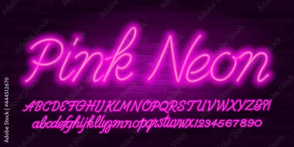 Fototapete pink neon alphabet font. hand written script letters, numbers and symbols. uppercase and lowercase. 