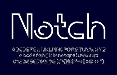 Notch alphabet font. Minimalistic letters, numbers and symbols for logo or emblem. Uppercase and lowercase. Stock vector typescript for your typography design.