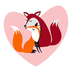 Foxes in love. A pair of foxes gently touch their noses against the background of a pink heart. Vector illustration in cartoon style isolated on a white background for design and web.